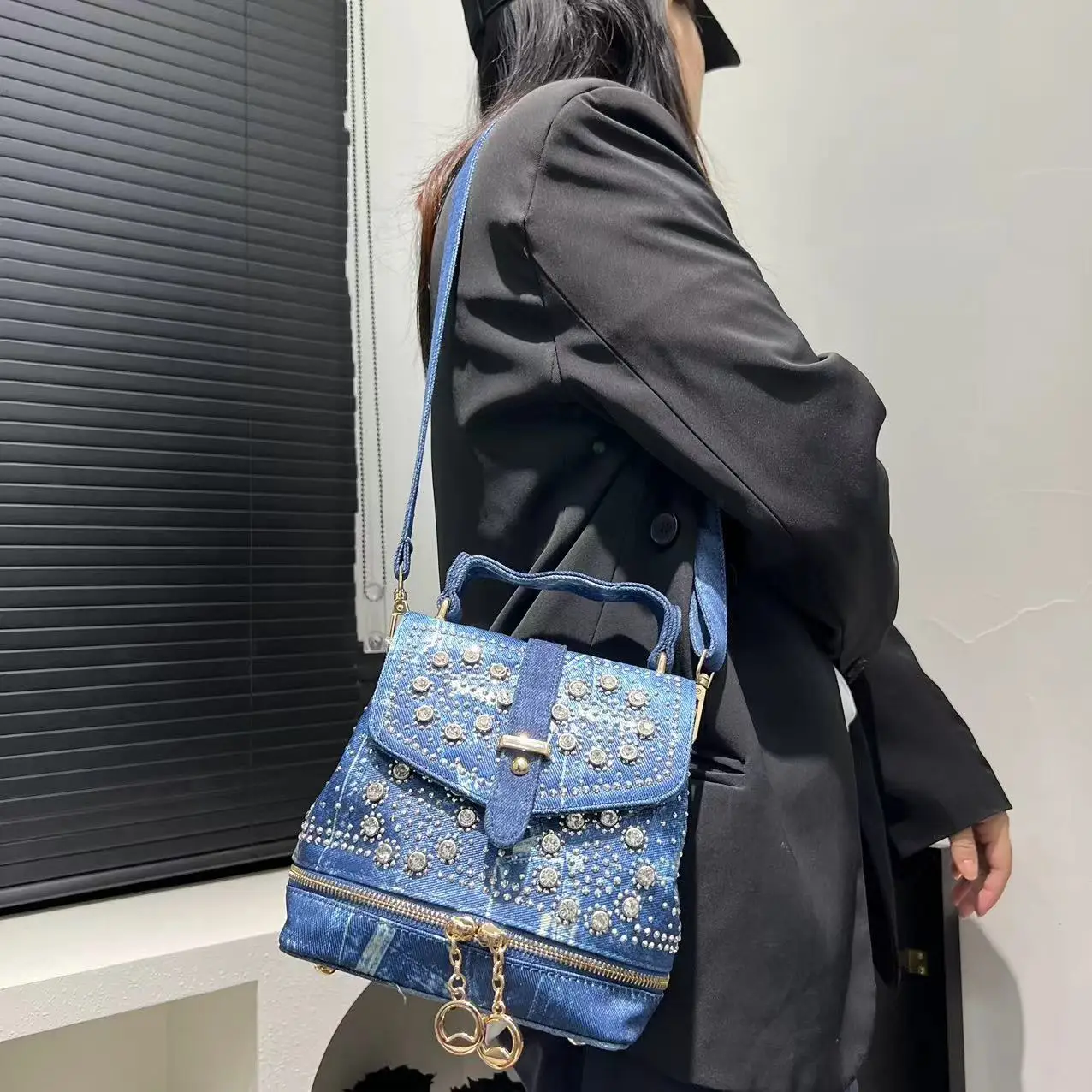 Women's Fashion Diamond Elegant Backpack Multifunctional Diamond Denim Shoulder Bag 6