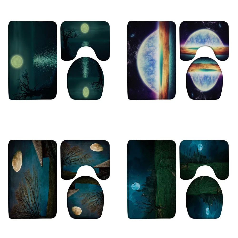 

3Pcs Full Moon Bathroom Rug Sets Non-Slip Rural Night Scene Tree Bath Mat U-Shape Carpet Toilet Lid Cover Flannel Floor Doormat