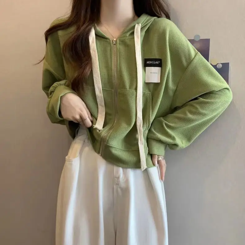 Yasuk Spring Autumn Casual T-Shirts Women's Loose Zipper Cardigan Sporty Solid Simple Versatile Drawstring Hoodie