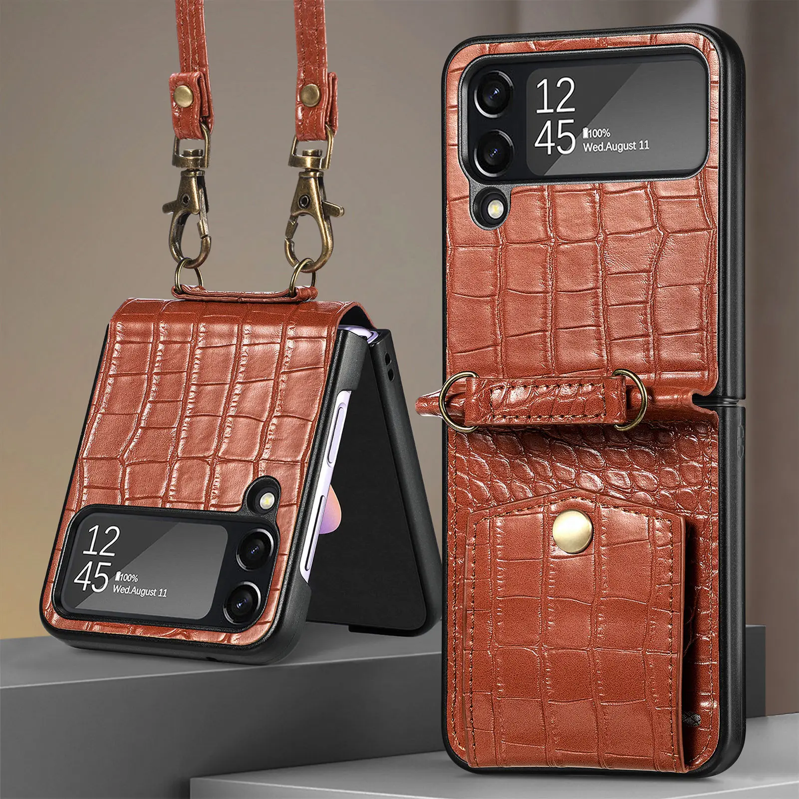 

Для Samsung Galaxy Z Flip 4 Чехол-кошелек с крокодиловым узором и слотом для кредитных карт с ремешком противоударный кожаный чехол-накладка