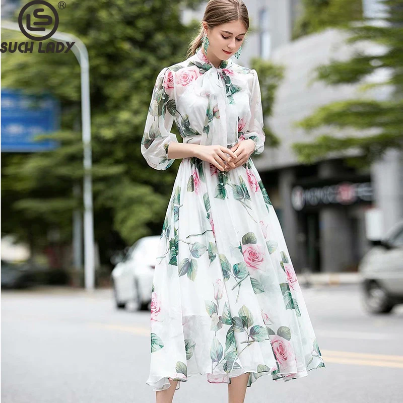 

Women's Runway Dresses Lace Up Bow Collar Long Sleeves Floral Printed Elegant High Street Fashion Designer Dress Vestidos