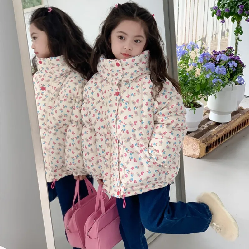 

Girls Floral Hooded Down Jacket Korean Style 2023 Winter New Fashionable Princess Sweet Casual Warm Fashionable Down Jacket