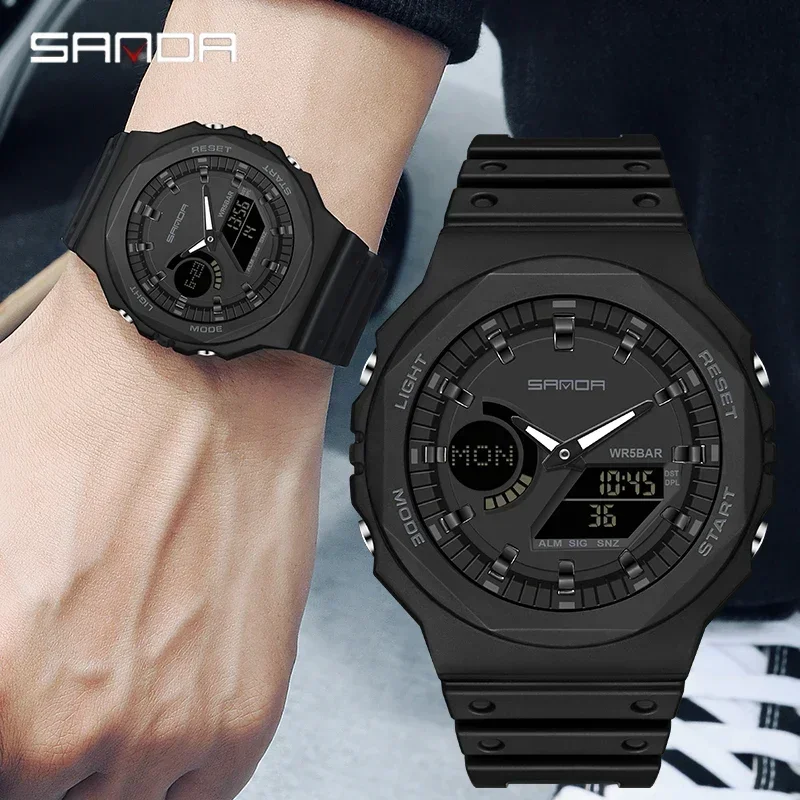 SANDA 6016 LED Dual Display Digital Mens Wristwatches Waterproof Military Luxury Sport Quartz Watch for Men Shockproof Countdown