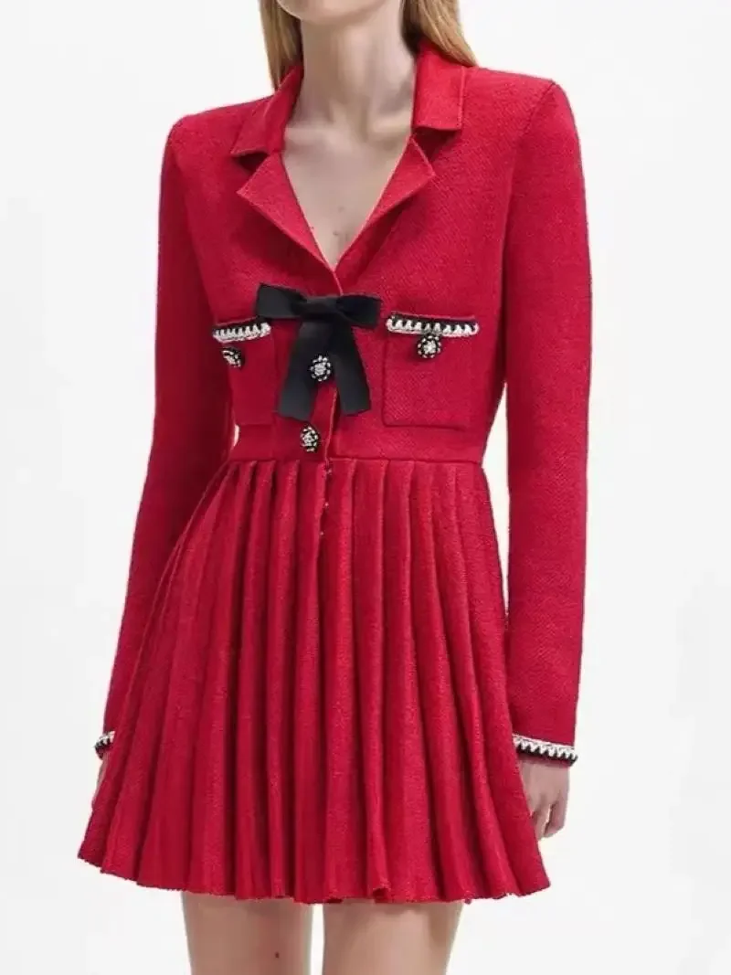 

Women's Red Knit Mini Robe Bow Notched Pleated Hem Long Sleeve Female Elegant Dress