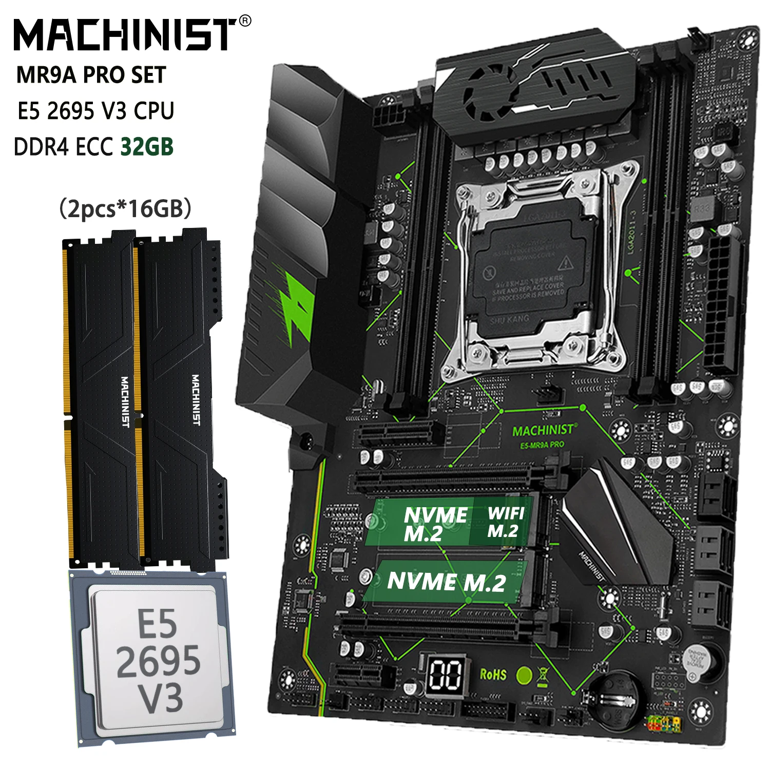 Machinist Mr9A Pro X99 Set Scheda Madre Lga 2011-3 Kit Xeon E5 2695 V3 Cpu 32G(2*16G) Ddr4 Ecc Ram Memory Ssd Nvme M.2 Atx
