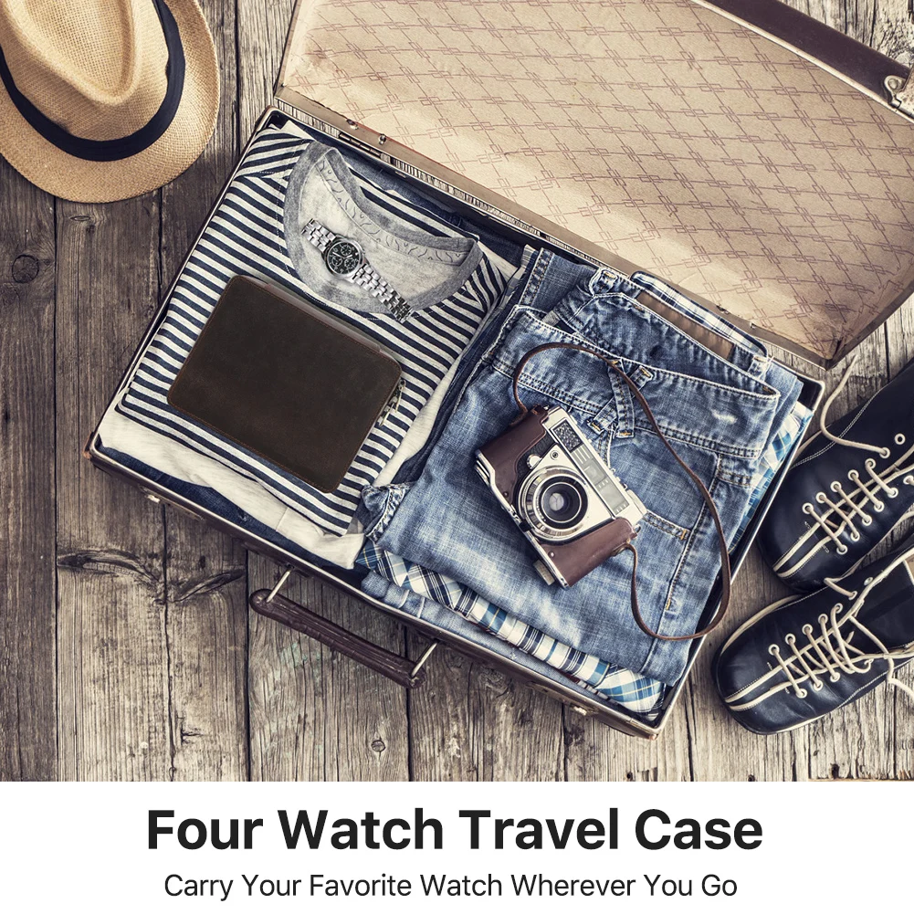 Genuine Leather 4 Slot Watch Box Display Case Storage Watch Organizer Zipper Travel Collector Case with Card Holder Pocket