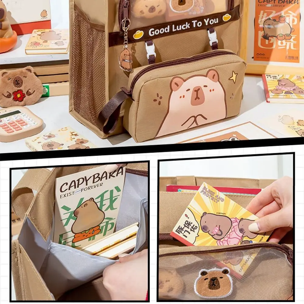 대용량 토트 학교 가방, 방수 6 단 문구 보관 가방, 카피바라 휴대용 학생 튜토리얼 가방
