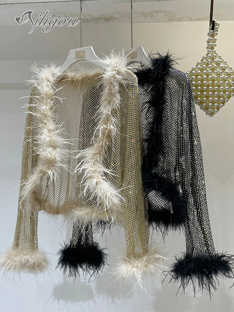

Ailigou Crystal Diamond Feather Long Sleeve Perspective Cut Top Women's Hollow Cardigan Top Shiny Sexy Fashion Party Club Top