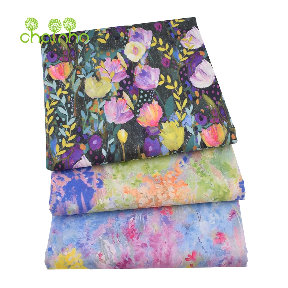 Chainho,Printed Plain Weave Poplin Cotton Fabric,DIY Quilting Sewing Material,Patchwork Cloth,Floral Series,2 Sizes,15PC208