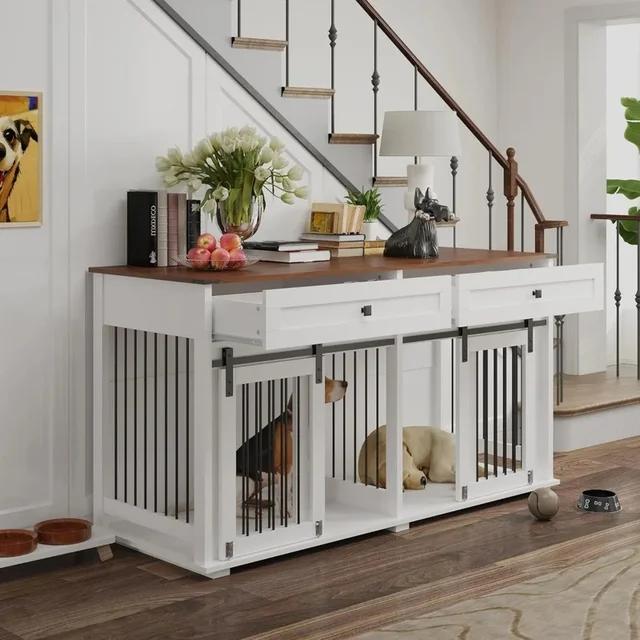 XXL Wooden Double Dog Crate for 2 Dogs with Divider, Sliding Door, and 2 Storage Drawers, 63'' Stylish Dog Kennel Furniture 3
