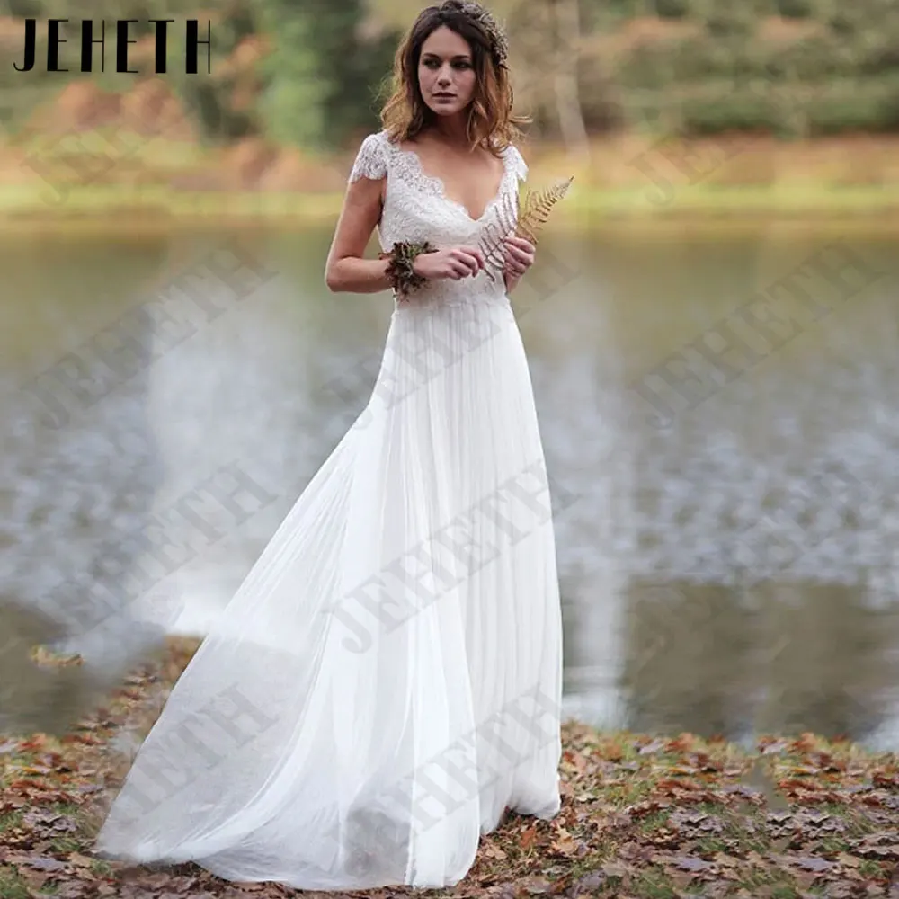 

JEHETH Boho Chiffon A-Line Wedding Dresses Short Lace Sleeves V-Neck Bride Gown Backless Buttons robe de mariée 2024 Custom Made