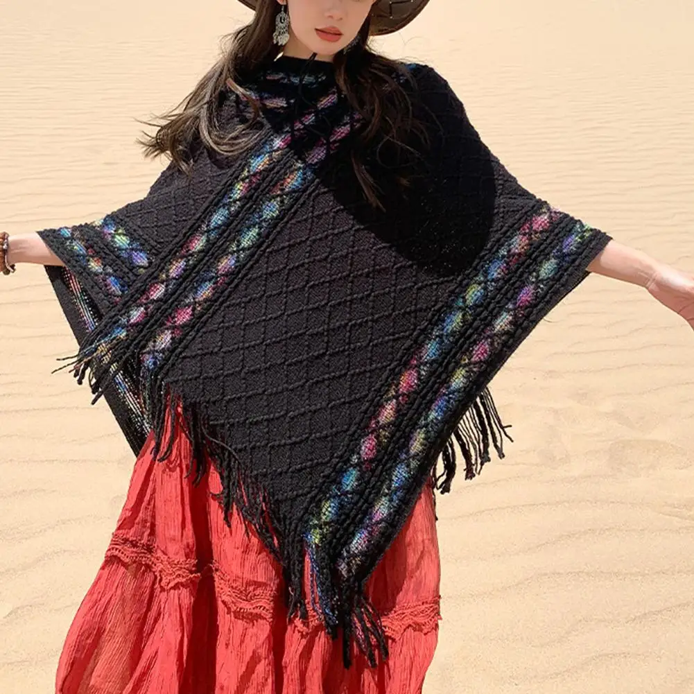 Women's Retro Pullover Tassel Shawl Unique Vintage Knitted Comfortable Warm Loose Ethnic Sweater Retro Style Pullover Shawl