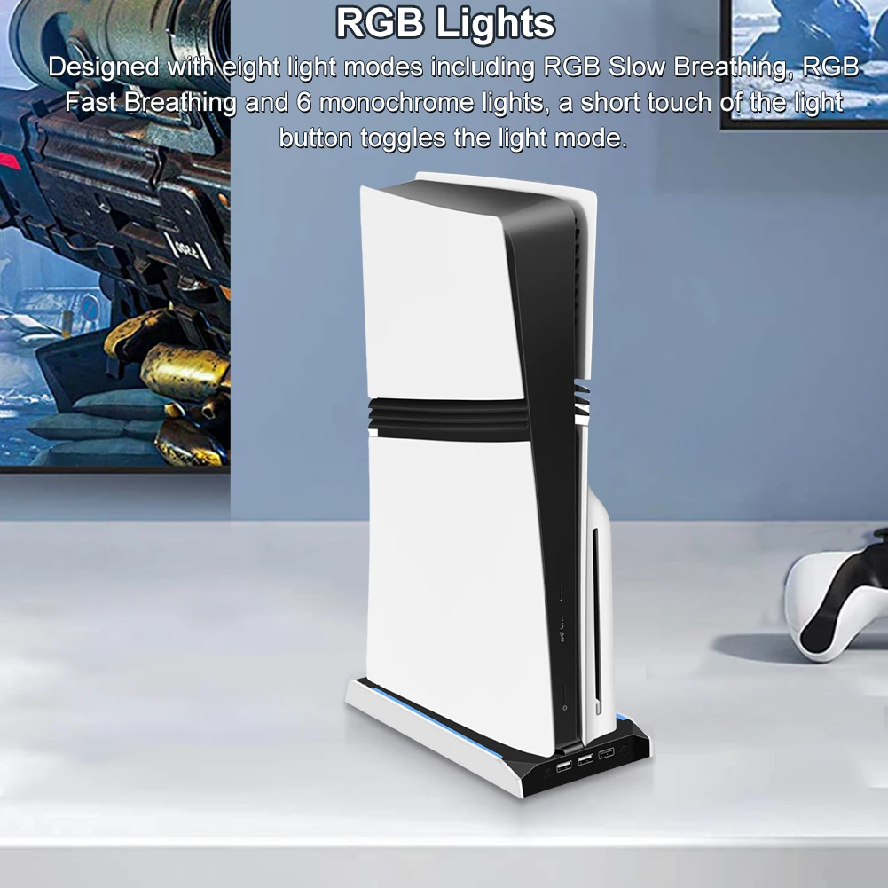 PS5 슬림/PS5 프로 RGB 수직 쿨링 스탠드 베이스 (3개 USB 2.0 포트, 8가지 조명 모드 포함)  플레이스테이션 5 게임 액세서리