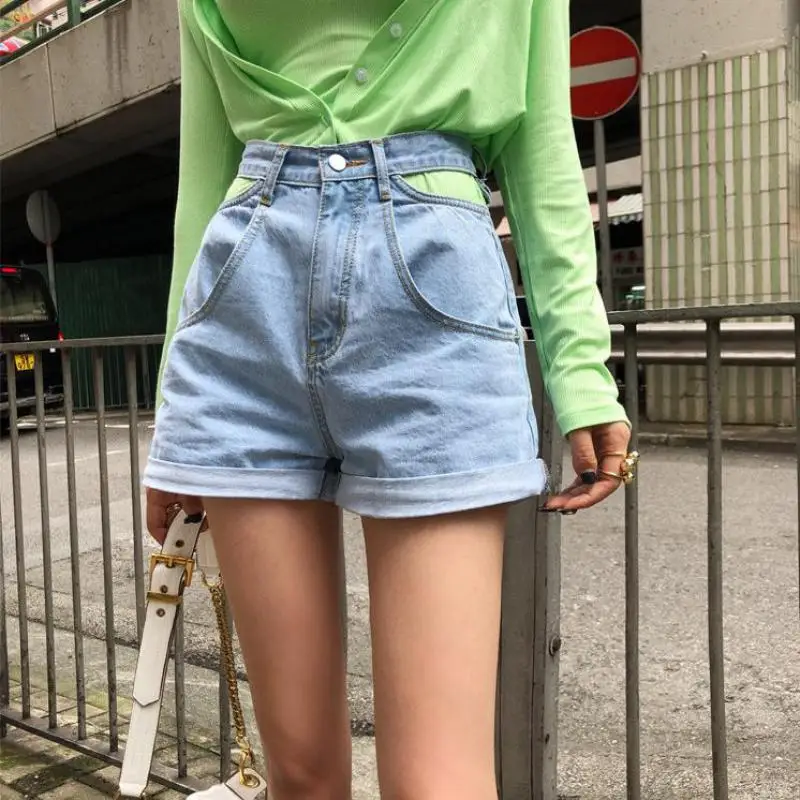2021 Women Korean Light Blue Hollow Out Short Jeans Female New High Waist All-match A-line Denim Shorts Summer Casual Clothing