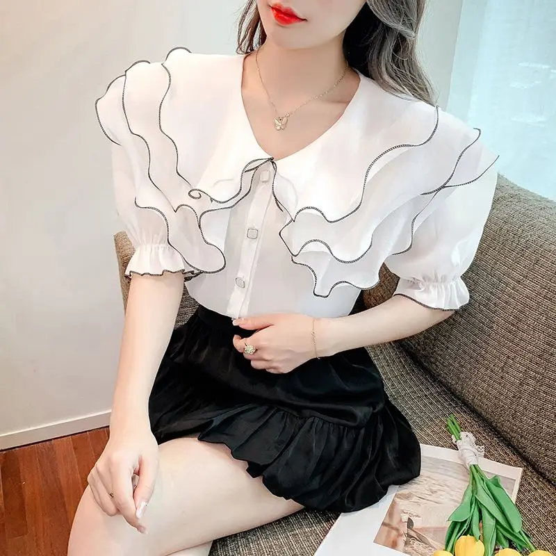 Simplicity Solid Color Summer Women Ruffles Round Neck Contrasting Colors Single-breasted Chiffon Short Sleeve Office Lady Shirt