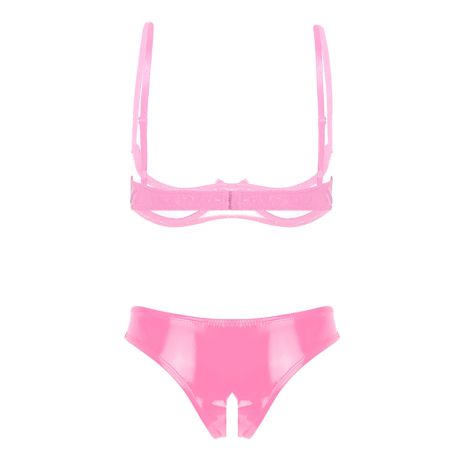 Womens Glossy Patent Leather Sexy Lingerie Set Underwear Adjustable Straps Open Chest Underwired Bra with Open Crotch Briefs women two piece sets