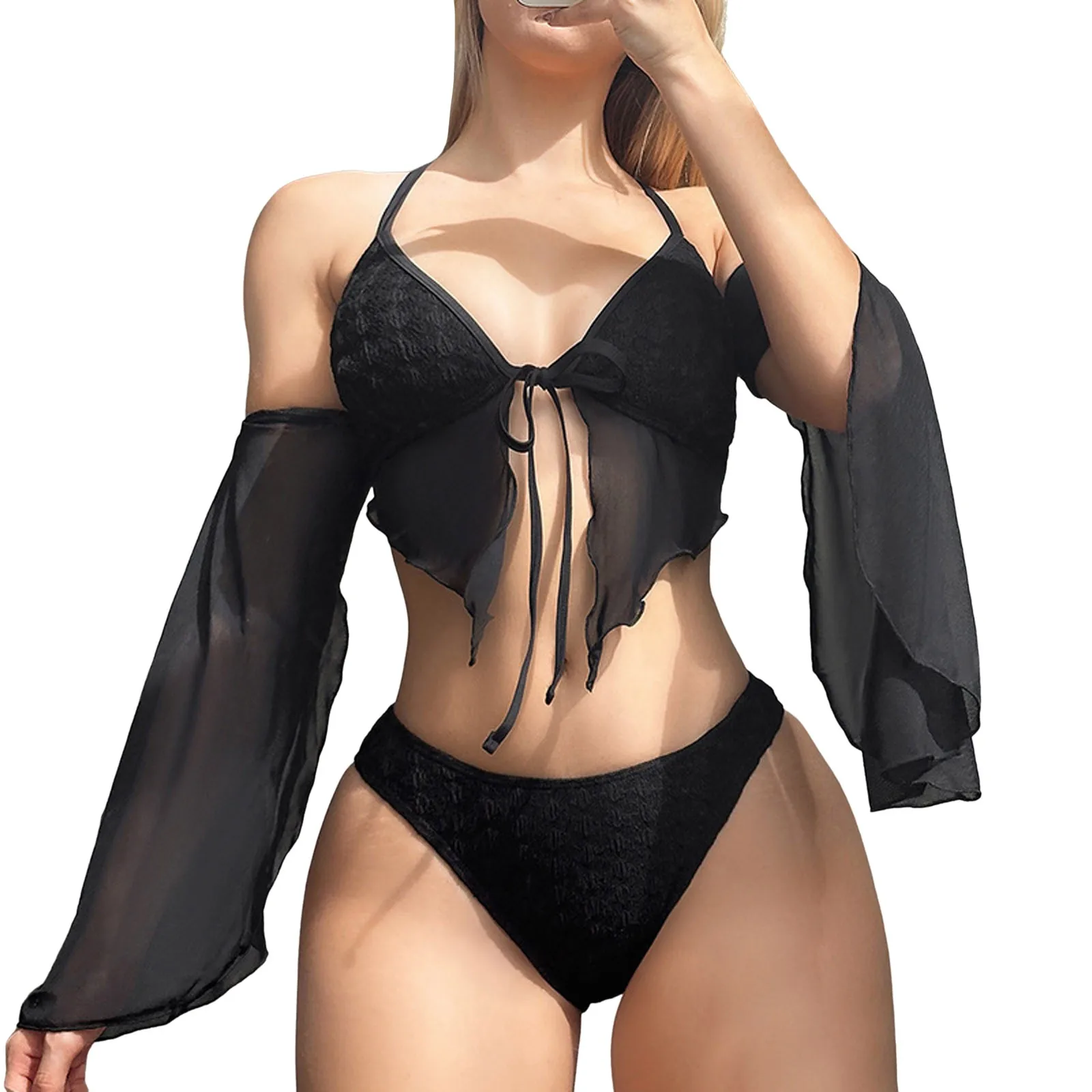 

Women's Three Piece Swimsuit Solid Color Lace Up High Waisted Bikini Beach Bathing Suit With Oversleeve 2024 Summer Swimwear