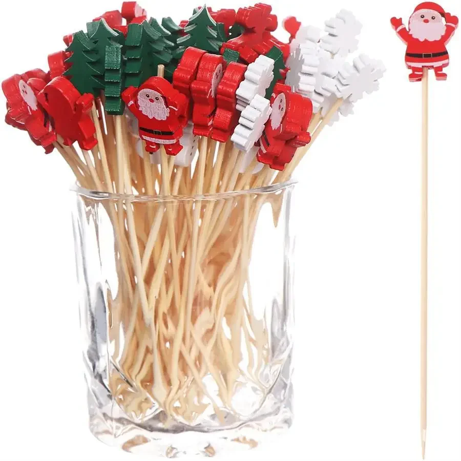 50pcs Christmas Bamboo Skewer Cocktail Picks Cupcake Topper Disposable Food Dessert Toothpicks Fruit Sticks