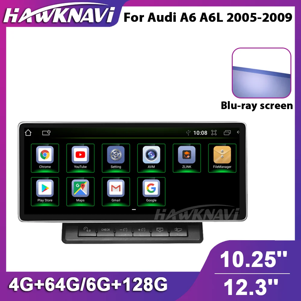 

Автомобильный радиоприемник Hawknavi, 10,25 дюйма, 12,3 дюйма, 2 Din, для Audi A6 A6L 2005-2009, Автомобильный мультимедийный проигрыватель с голубым излучением и навигацией