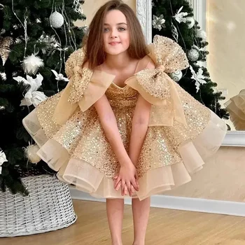 Champagne Flower Girl Dress For Wedding Glitter Shining With Bow Cute Baby Pageant Dress Princess First Communion Ball Gowns 1