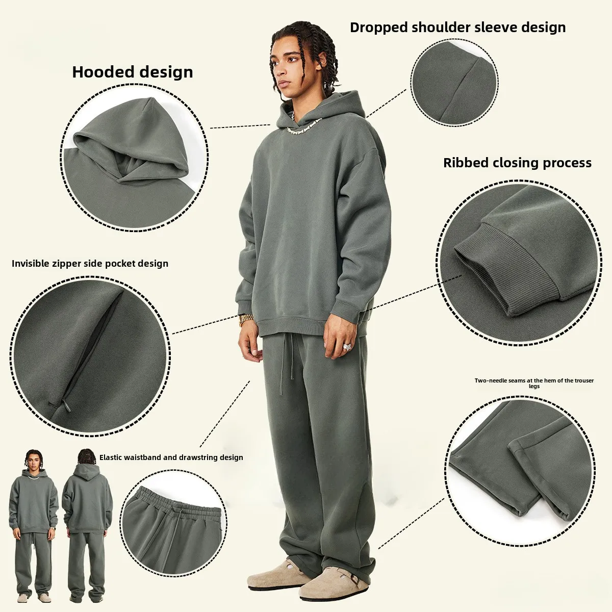 Custom LOGO2024 Autumn Winter 345G Heavy Loose Casual Fleece Thickened Sweater Sweatpants Men's Two-piece Set Zipper Pocket 3
