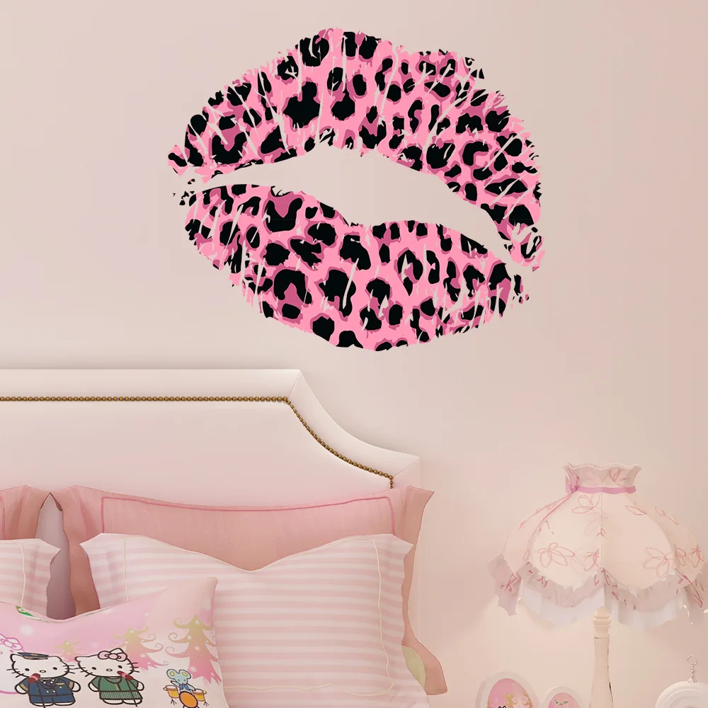 Girl Kiss Bedroom Decorative Wall Stickers Leopard Print Sexy Red Lip Sticker Girl Heart Wall Self-Adhesive Paper Wholesale