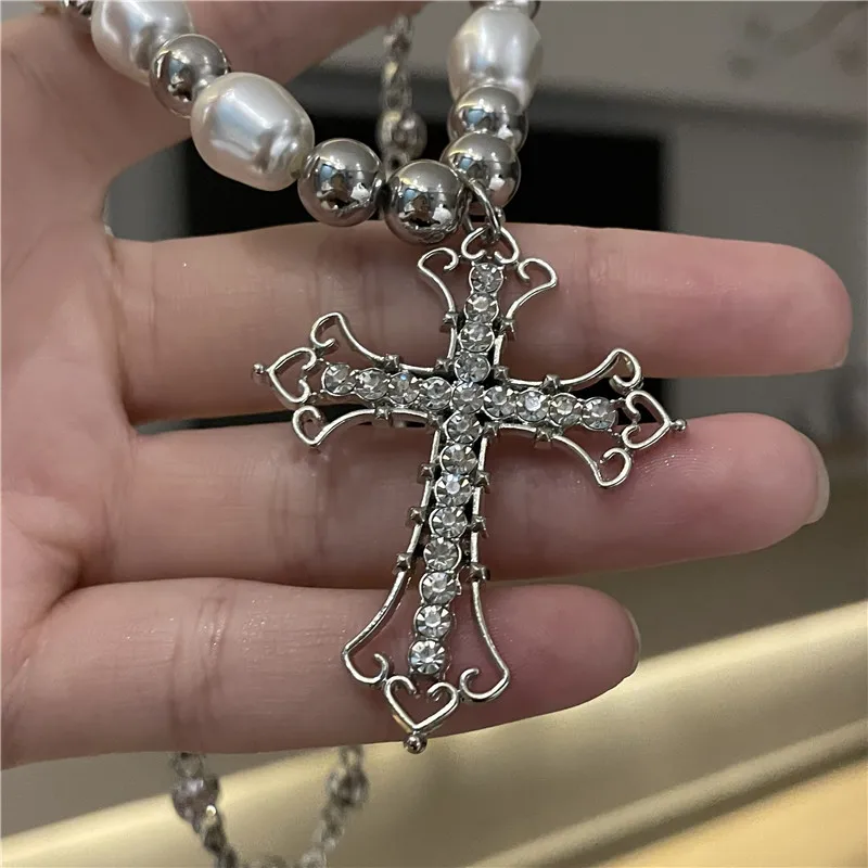 【BLACKPURPLE】HALFRIBO PEARL CROSS PENDANT NECKLACE Amazon.com: Gothic Cross Necklace for Women Vintage Pearl