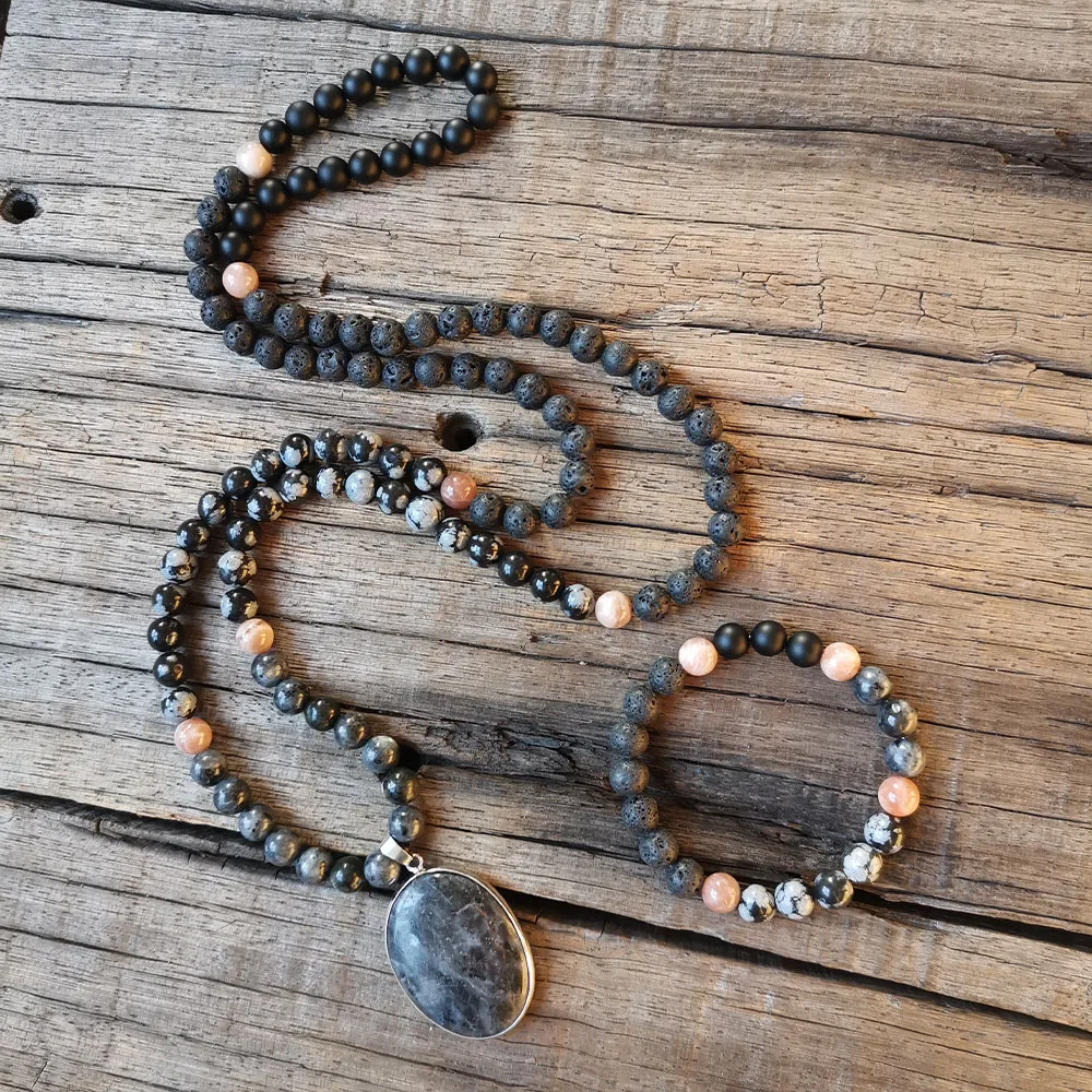 8mm Blacke Labradorite Pendant,Lava Stone Beads,Snowflake Obsidian Prayer Bracelet,Calm Necklace Jewelry,Meditation Beads