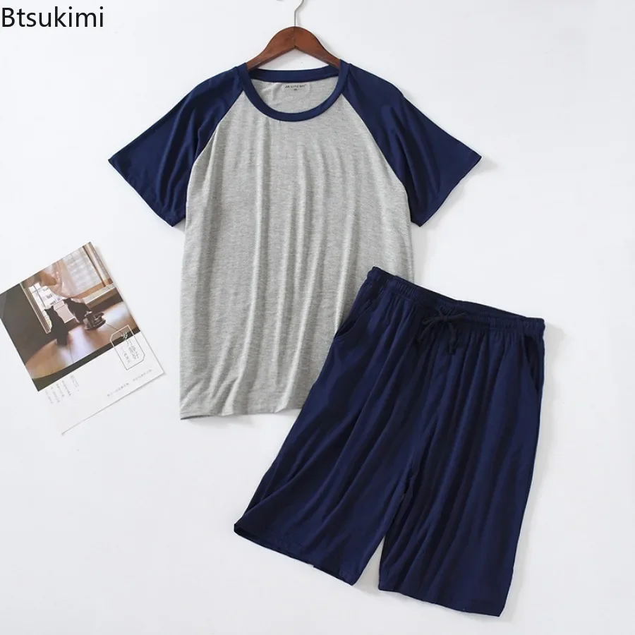 Pajama Sets Men's Summer Modal Pajama Sets O-neck Short Sleeve Tops and Short Pants Home Wear Man Loose Soft Colorblock Nightwear Sets
