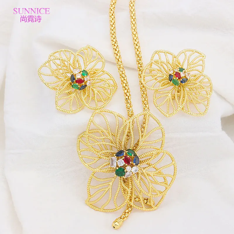 

Sunnice 18k Gold Color Jewelry Set For Women Dubai Jewellry Sets Flowers Clip Earrings Necklaces Sets For Women Free Shipping