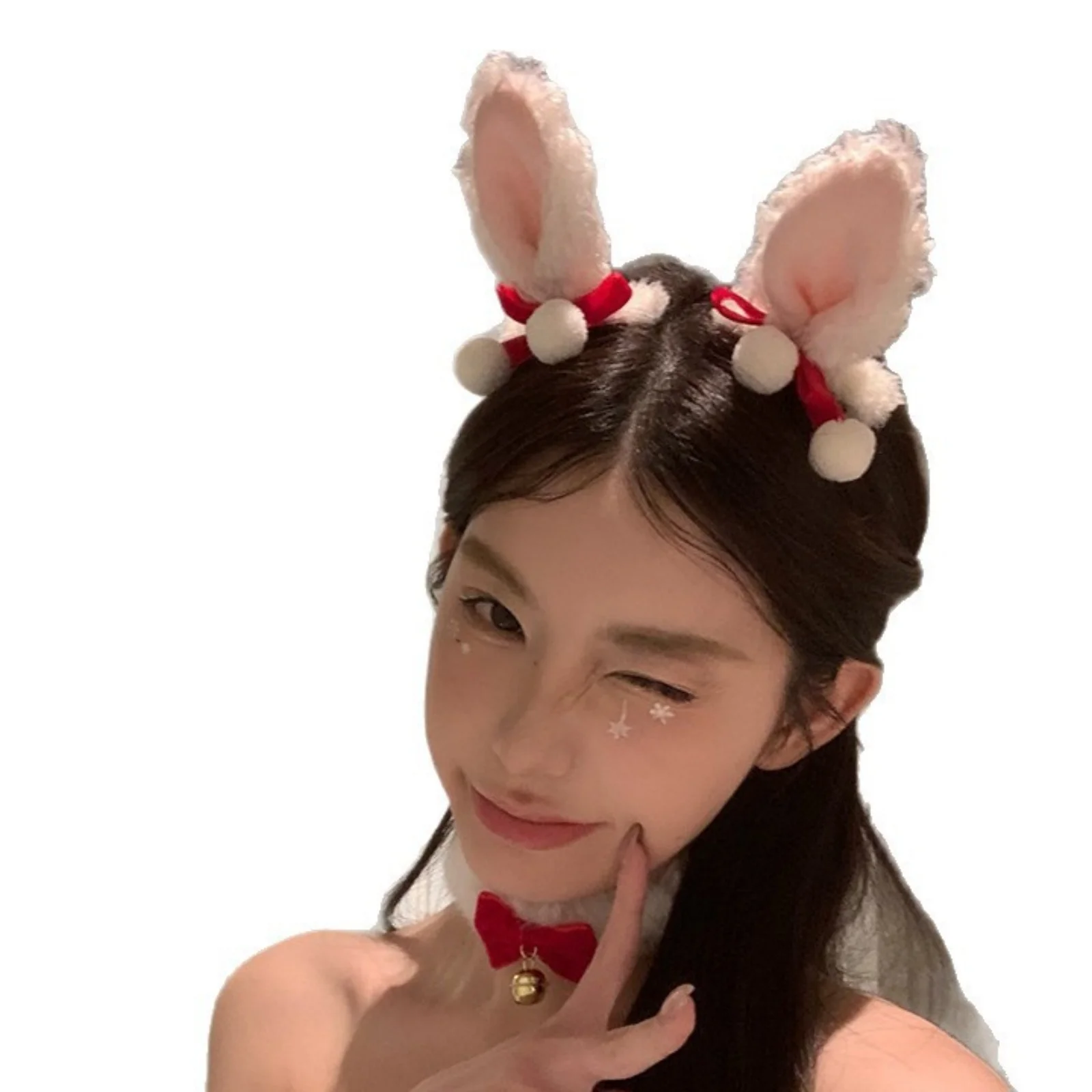 2PCS Christmas Bunny Ear Headband & Dress, Red White Plush Holiday Outfit, Cute Santa Cosplay Costume, Festive Xmas Party