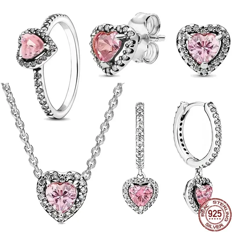 

Fashionable 925 sterling silver women's classic pink heart-shaped necklace set jewelry to women's Valentine's Day exquisite gift