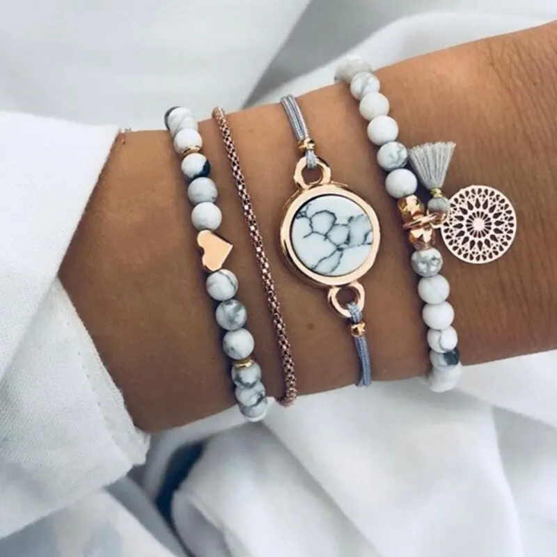 4PcsSetColorfulBeadsBraceletSetForWomenFashionTasselCharm