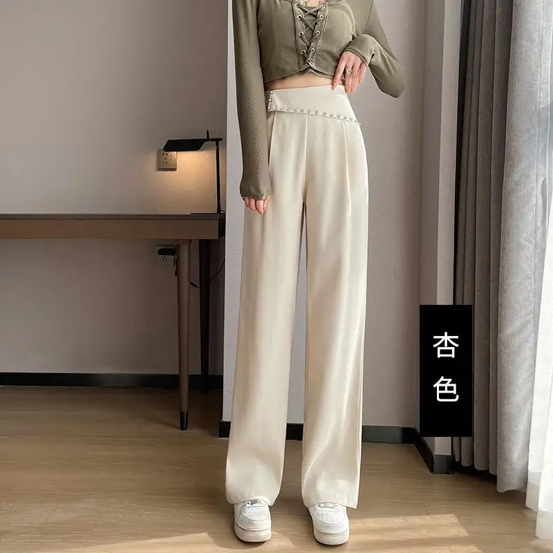 

Women's Spring and Autumn New Fashion Elegant Solid Color Zipper Beaded High Waist Casual Versatile Wide Leg Straight Pants