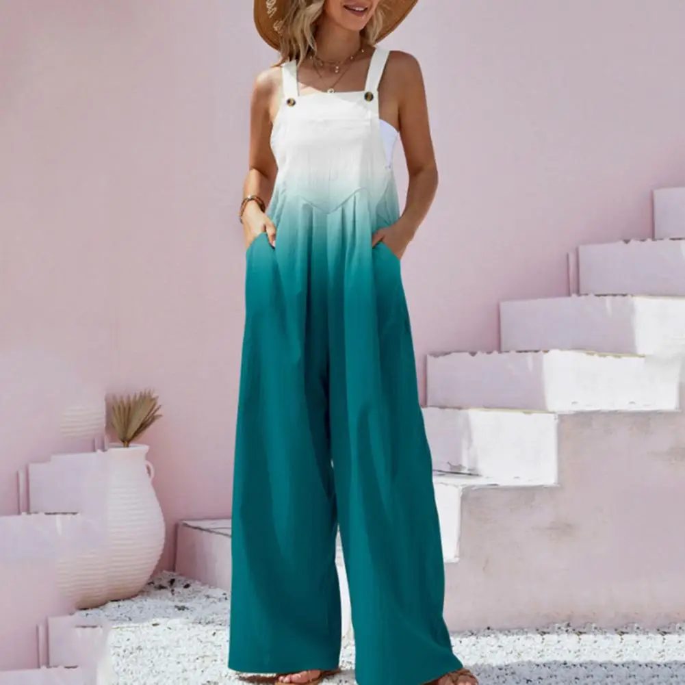 

Summer Beach Women Jumpsuit Sleeveless Square Collar Pockets Wide Leg Thin Retro Bohemia Pattern Suspender Playsuit Streetwear