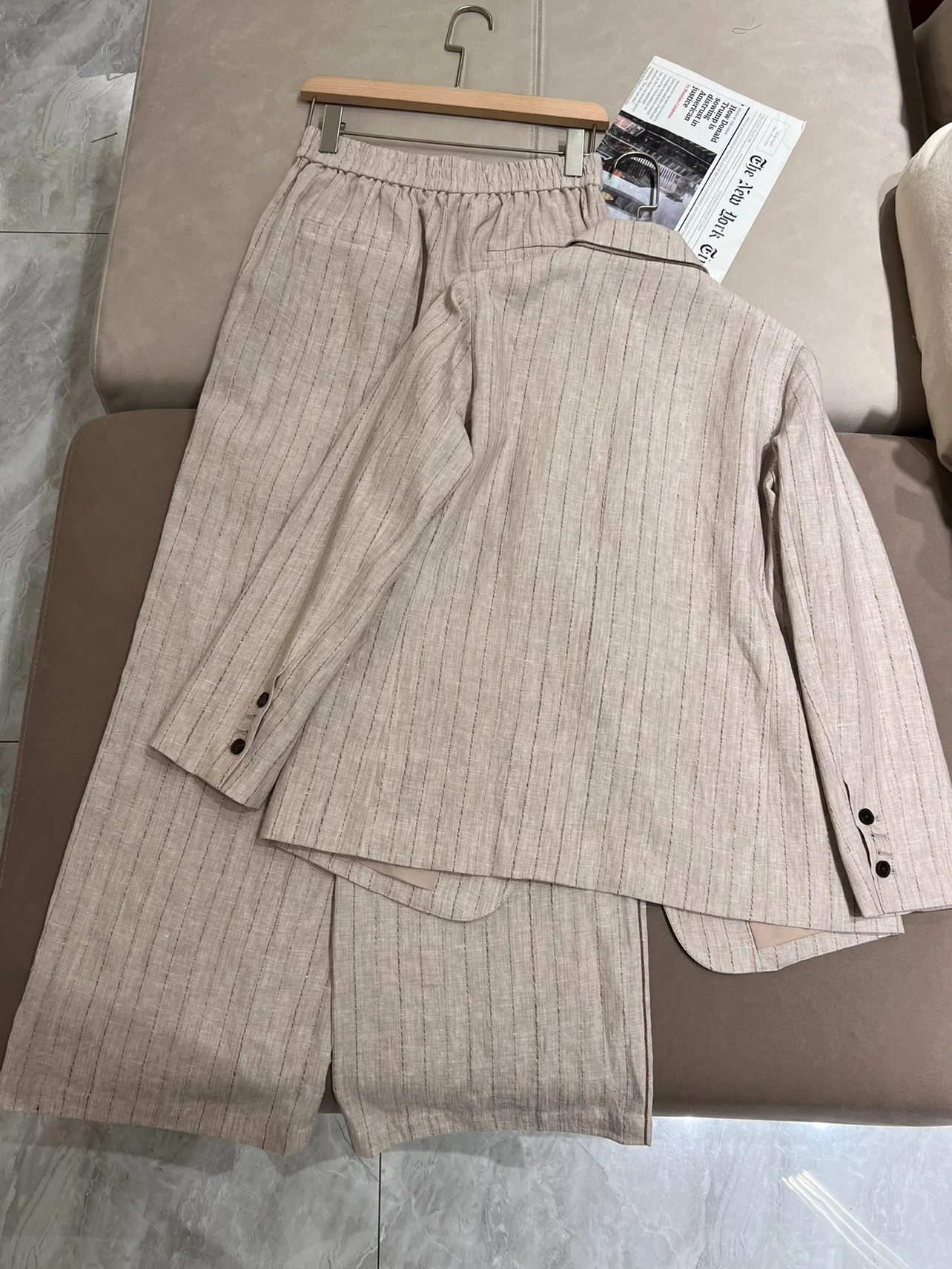 Spring 2024 Women\'s Suit Stripe Linen Blazer Jacket Pants Sets High Waist Wide Leg Trousers Female Clothing