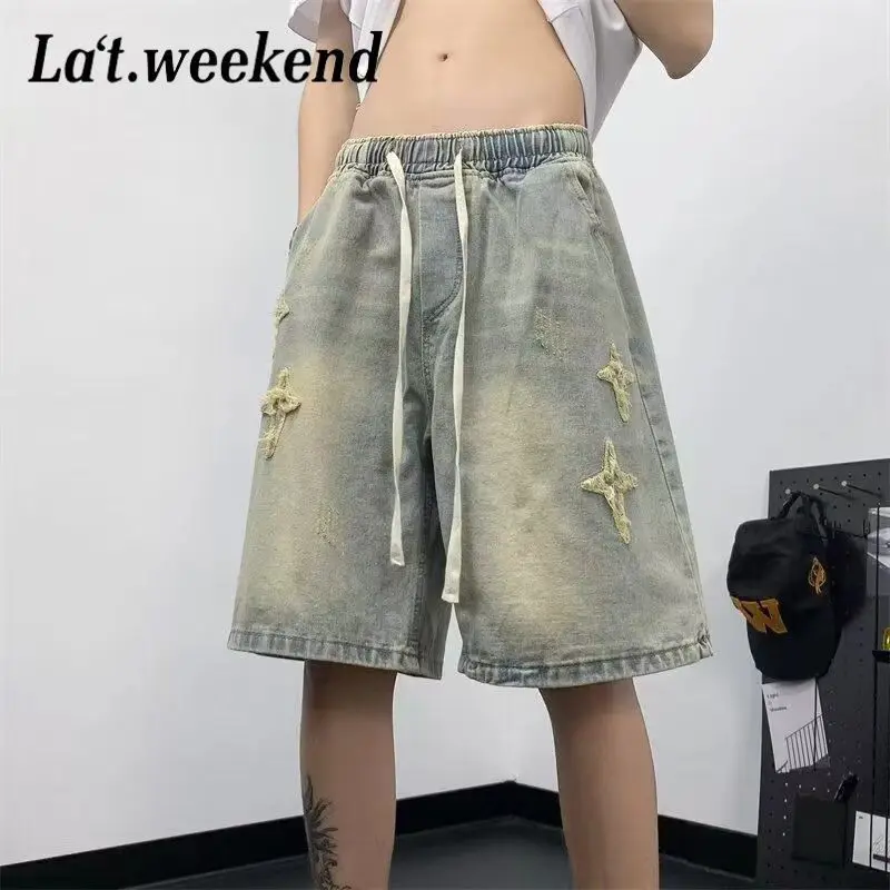 High Street Denim Shorts Male Star Fur Drawstring Design Loose Five-point Mid-sized Pants