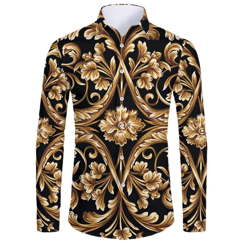 thumbnail image 1 of Camisas de manga corta con botones y estampado 3D de lujo de alta gama con patrón dorado para hombres, blusas de estilo callejero de moda, atuendos de hip hop, 1 of 5