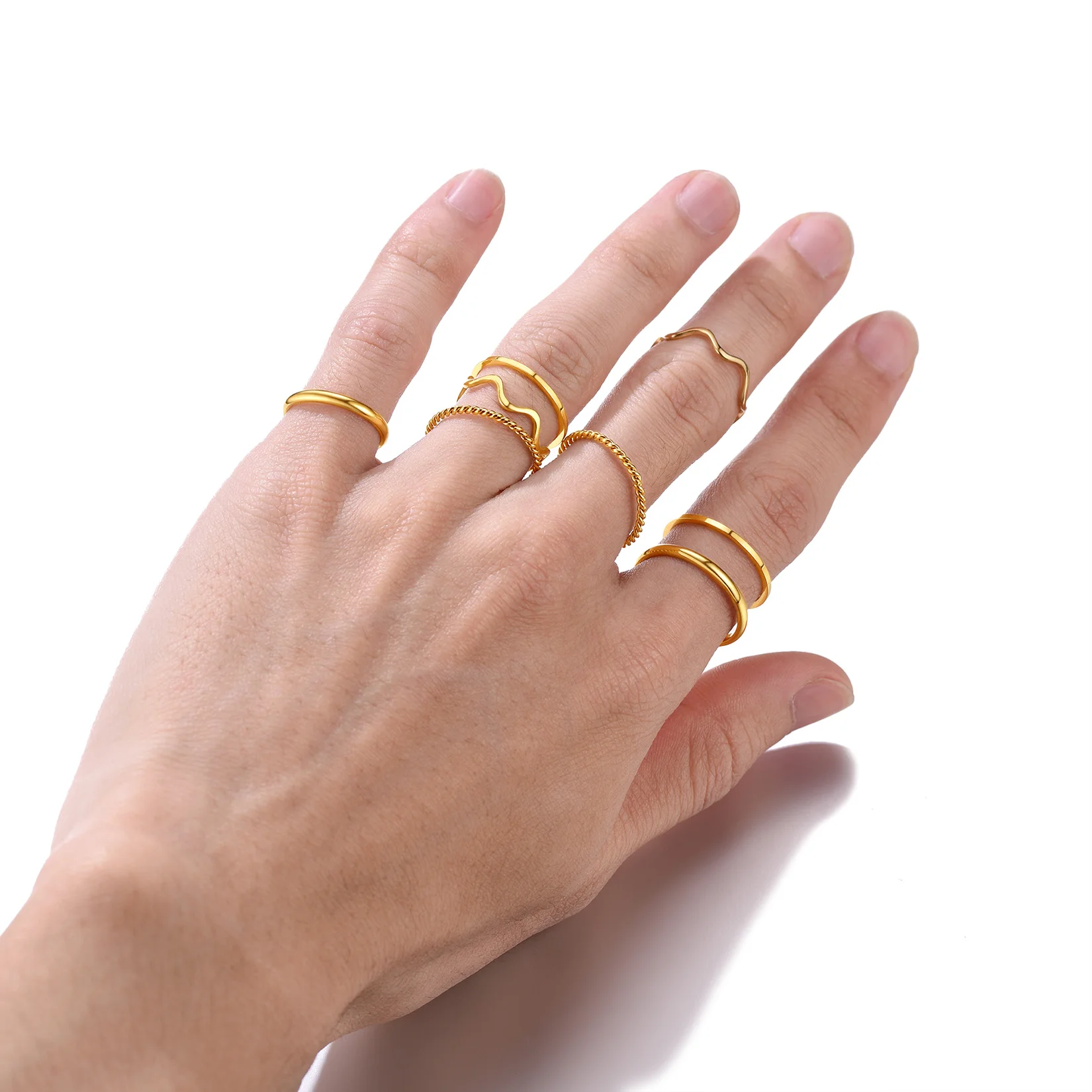 U7 8pcs/set Dainty Simple Knuckle Ring Set for Women Gold Color Stainless Steel Ball Wave Twisted Cable Band Jewelry Set Gift