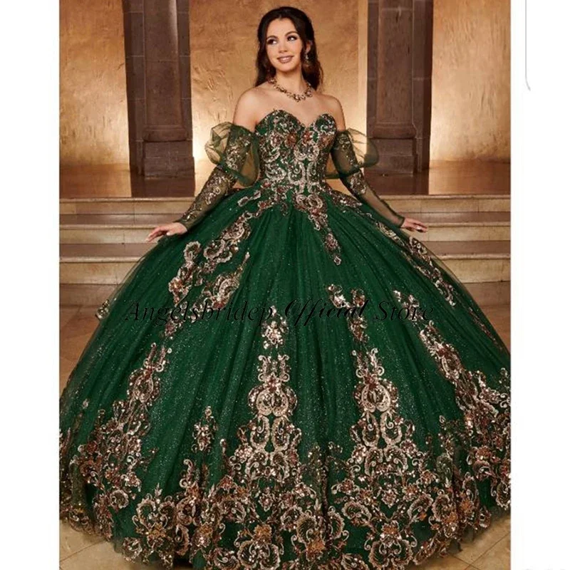 

ANGELSBRIDEP Dark Green Quinceanera Dresses Sweetheart 3/4 Long Sleeves Beadings Vestidos De 15 quinceanera Sweet 16 Prom Gowns