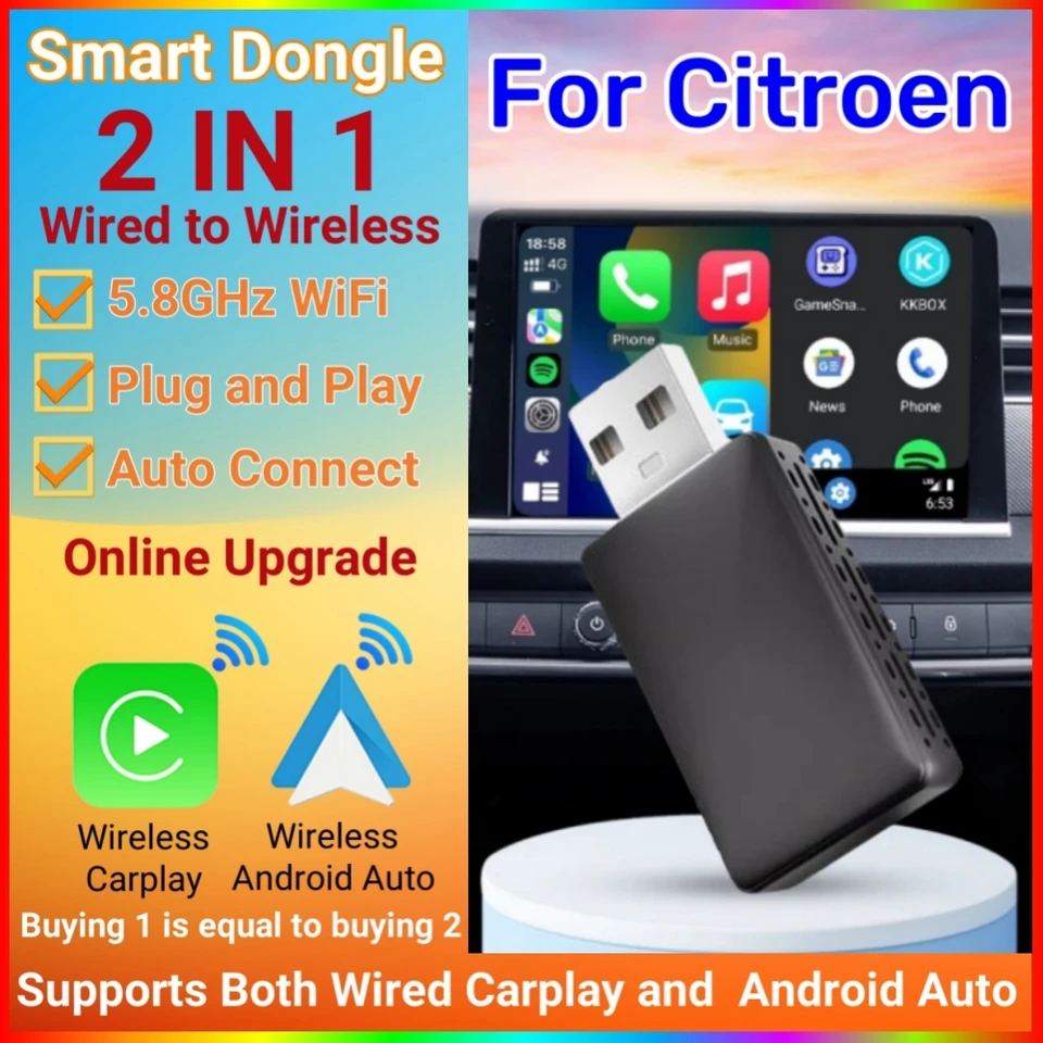 Adaptateur CarPlay/Android Auto Sans Fil Pour Citroën C5 Aircross 2017-2024 - Plug & Play, Connexion Automatique