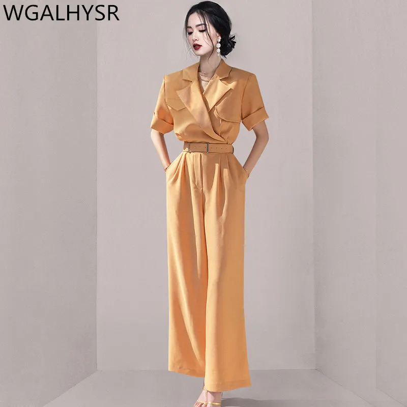 

Женский комбинезон с широкими штанинами, элегантный Облегающий комбинезон в Корейском стиле с воротником и широкими штанинами, лето 2024