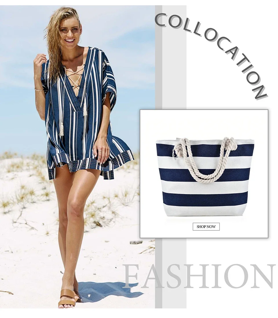 AFKOMST Large Casual Beach Canvas Handbag Women Shopping shoulder bag with Inner Zipper Pocket and Rope Handle bag for travel