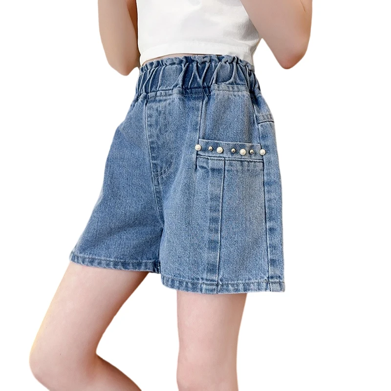 

Vintage Baby Girl Front Pocket Denim Shorts For Children Cool Summer Beads Shorts With Pearls For Teens Child Age 5 7 9 11 13 14