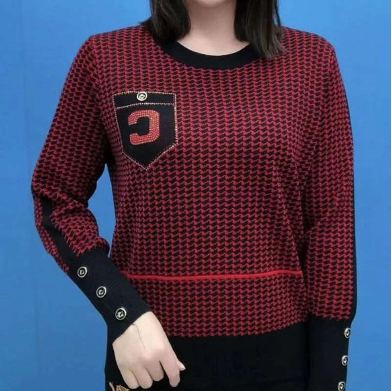 Oversize Versatile Commuter Women's Clothing Autumn and Winter New Stripe Printed Round Neck Long Sleeve Temperament Pullover