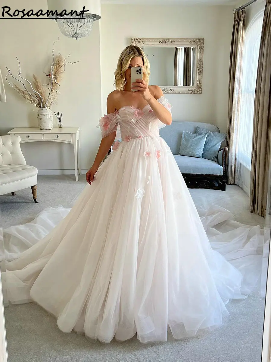 

Elegant Off The Shoulder Tulle Pleat A-Line Wedding Dresses Sweetheart 3D Flowers Bridal Gowns Vestidos De Novia