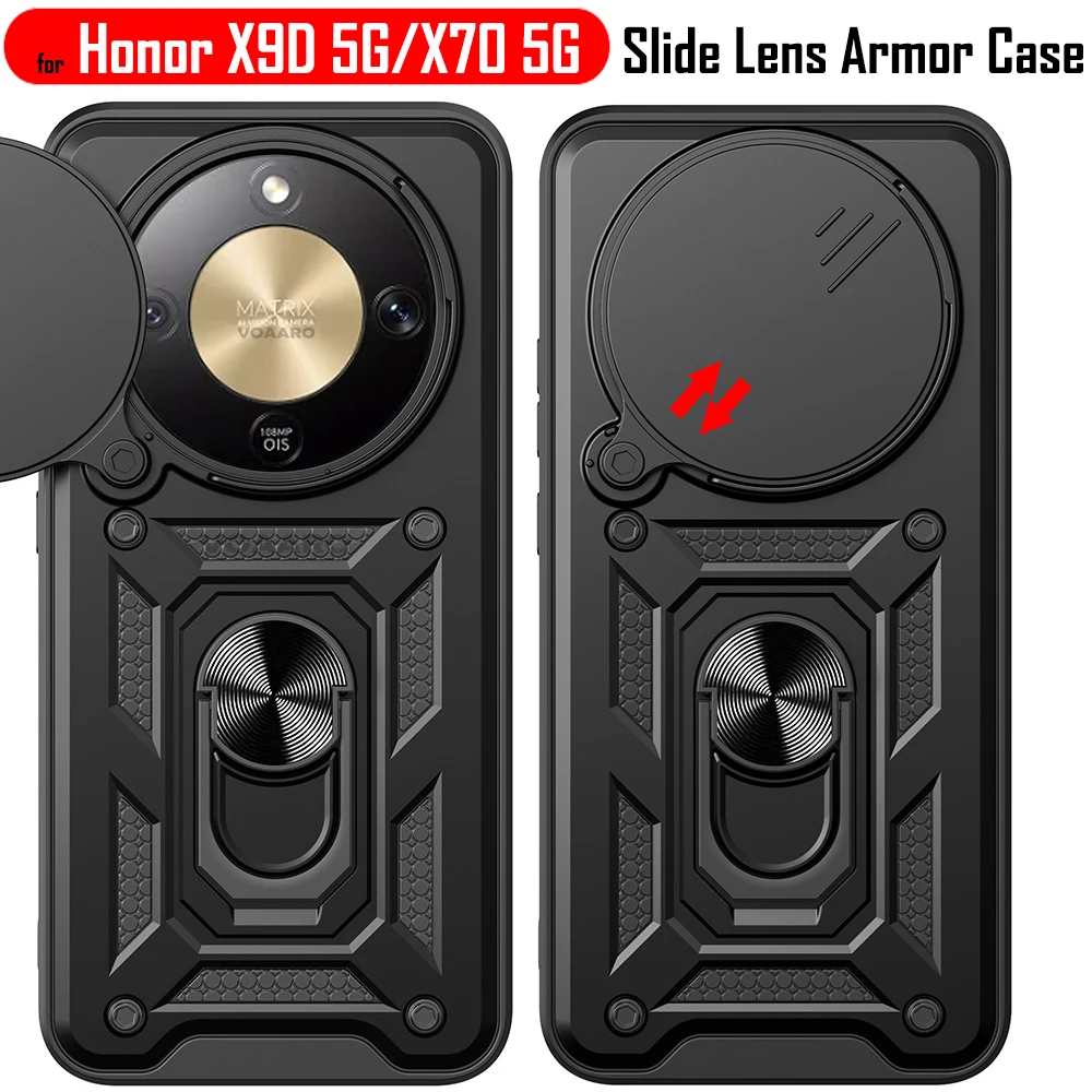 Magnetic Ring Stand Armor Case with Rotating Slide Lens Cover