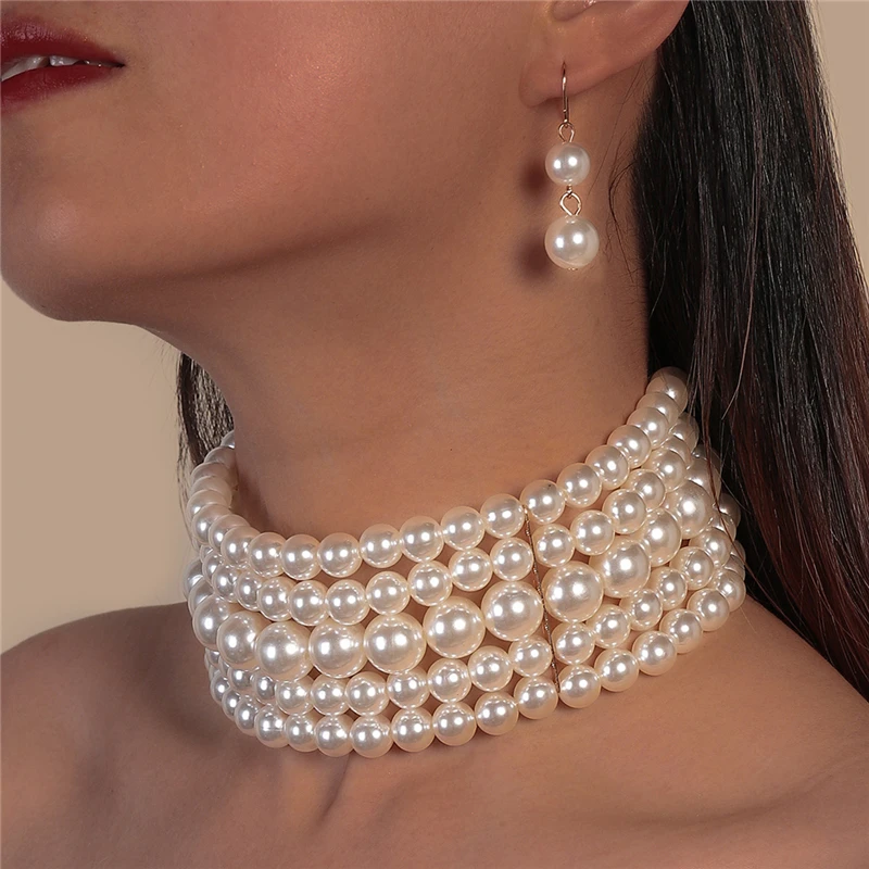 

MASA Newest Vintage Baroque Wedding Bride Necklace Sets Multi-layer Imitation Pearl Chain Jewelry Sets Women Statement