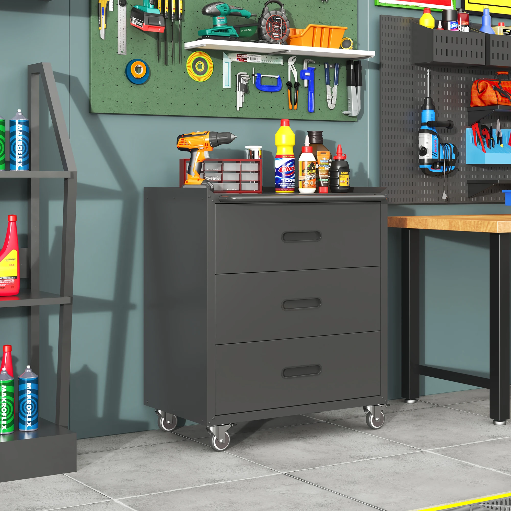Hochwertiger rollender Werkzeugschrank aus Metall – 3 Schubladen, 75 × 42 × 88 cm, schwarz/grau, für Garage, Büro und Haushalt. – Detail 14
