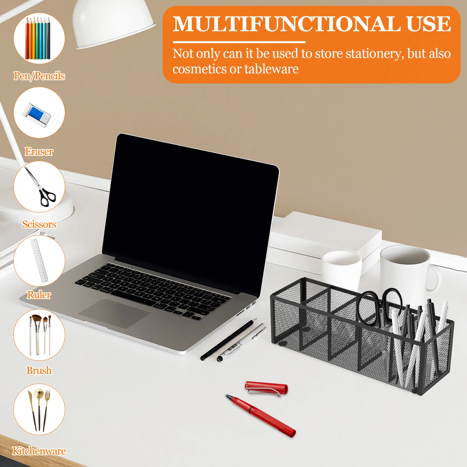 2 Pcs Mesh Pen Pencil Holder Metal Pencil Organizer with 5 Compartments Large Capacity Desk Organizer Cosmetics Storage Rack